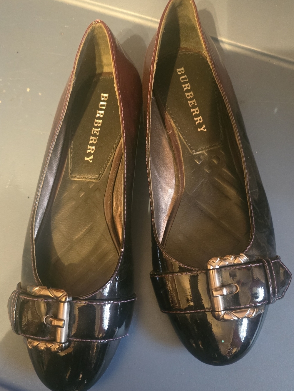 Burberry Women's Dark Brown Patent Leather Buckle Ballet Flats